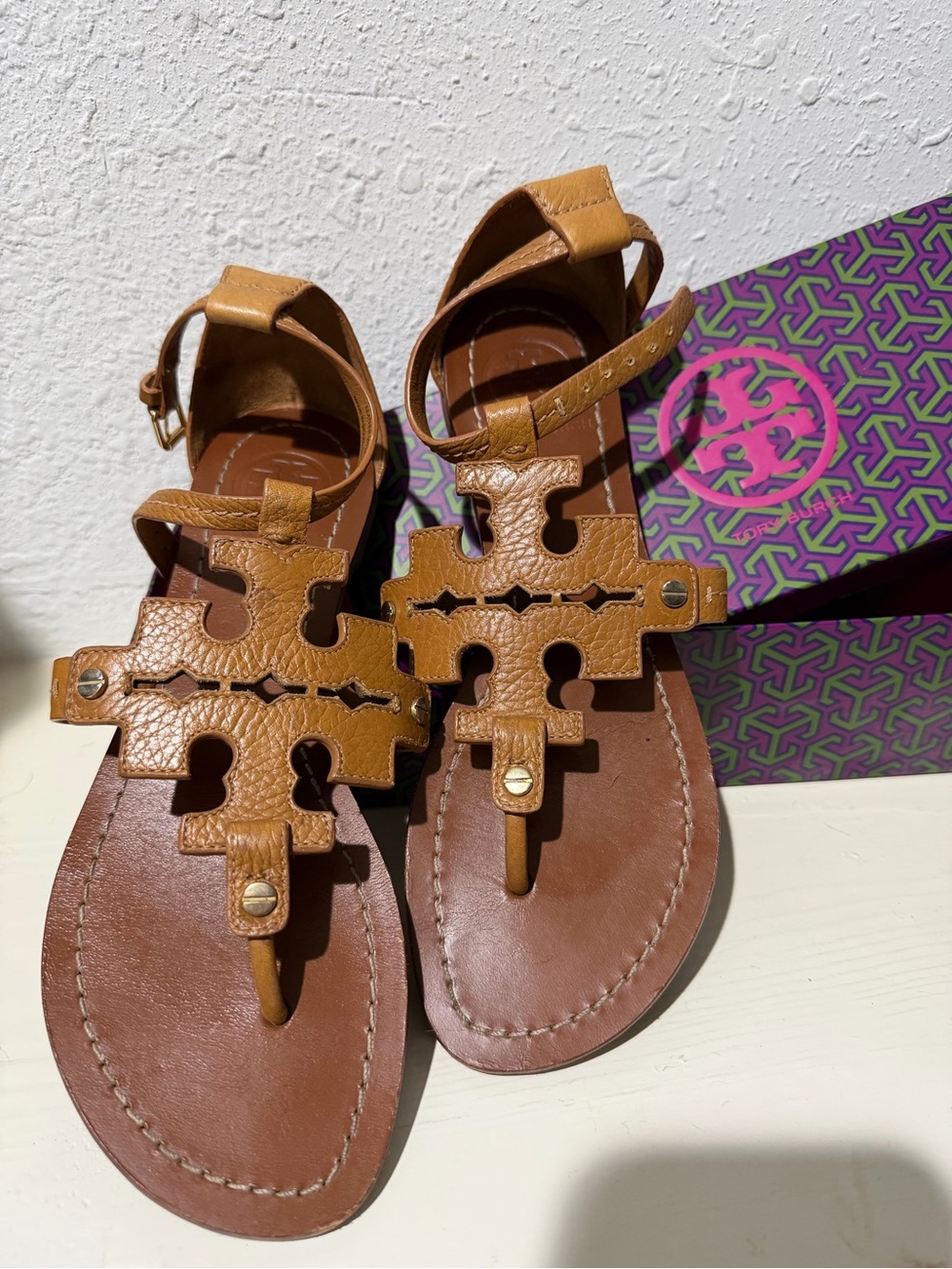 Tory Burch Miller Sandals in Cognac Brown and Tan